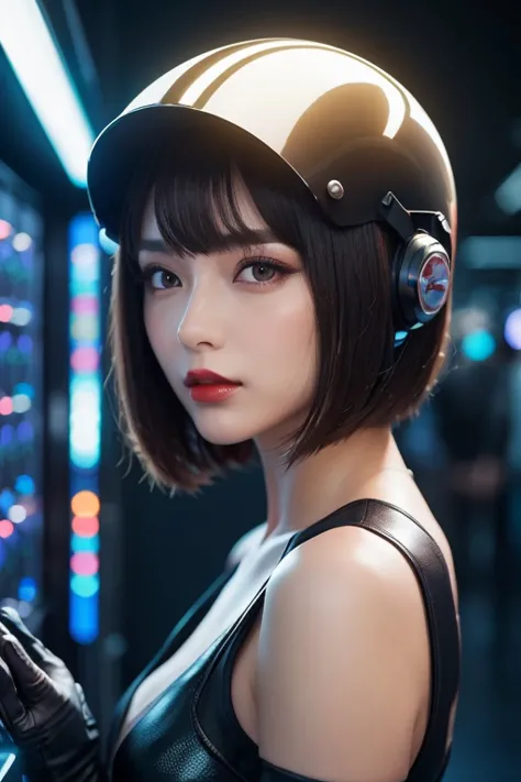  close-up of a woman wearing a futuristic helmet and red lipstick, Cyberpunk Jackie Wells, cgsociety 9,  style for stilets = Retro futuristic ,  beautiful android woman ,   female android ,  retro futuristic fashion , movie「 Blade Runner 」Still image of, F...