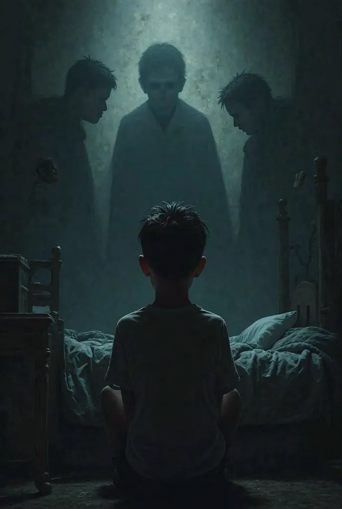 Boy talking alone in his room with Shadows At His Height all around 