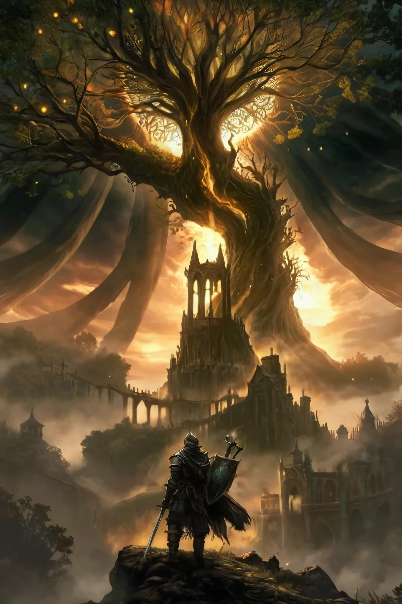  Picture of a Man Standing on the Hill Next to the World Tree, ,  Fire Ring Art , Great d & D Dark Sun Art,  style, Dark Souls Concept Art, Dark Souls concept art,  Elden Ring Concept Art ,  Elden Ring Official ,  Elden Ringbos , Anolrond , Epic fantasy ar...