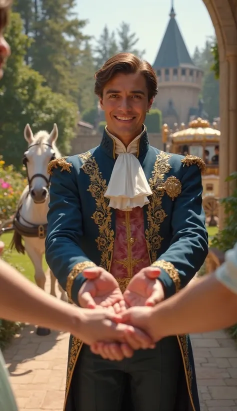 An ultra-realistic 8K cinematic POV scene, viewed from Ariel’s perspective, standing in the magnificent garden of the castle. The scene captures the moment as Prince Eric, dressed in his iconic formal royal attire, stands before you with a warm, charming s...