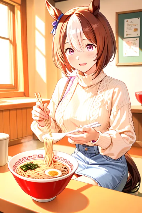 Special Week（Uma Musume）　is eating ramen　clothing　beige turtleneck sweater and denim skirt