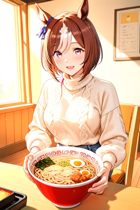 Special Week（Uma Musume）　is eating ramen　clothing　beige turtleneck sweater and denim skirt