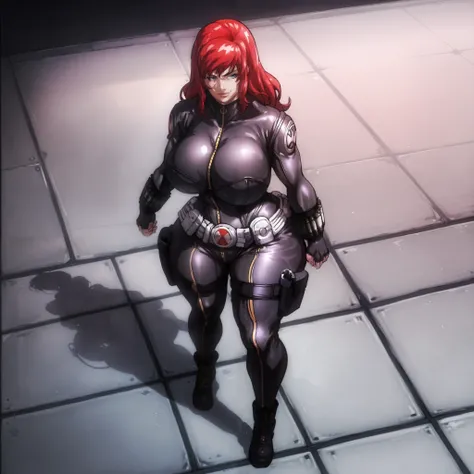 score_9, score_8_up, score_7_up, score_6_up, score_5_up, score_4_up, BREAK,1girl, BlackWidowAnime, black bodysuit, long red hair, black fingerless gloves, holster, makeup, zipper, uniform, ((huge breasts, huge butt, thick thighs, curvy hips)), full body vi...