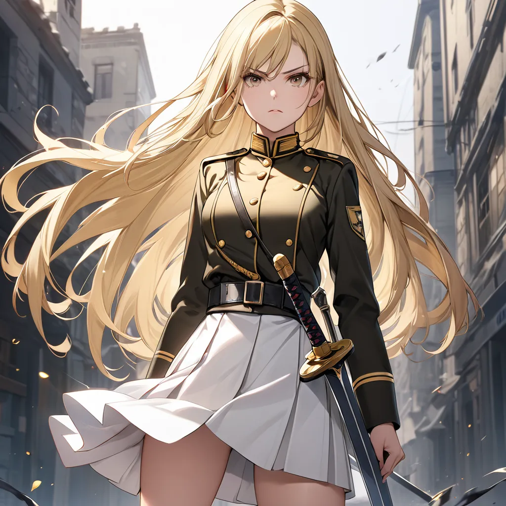 High resolution, high quality, HD, beautiful female, 1 female, beautiful, ager, serious, medium breasts, long straight hair, blonde hair, gold military uniform, white skirt, shor skirt, black boots, sword at waist