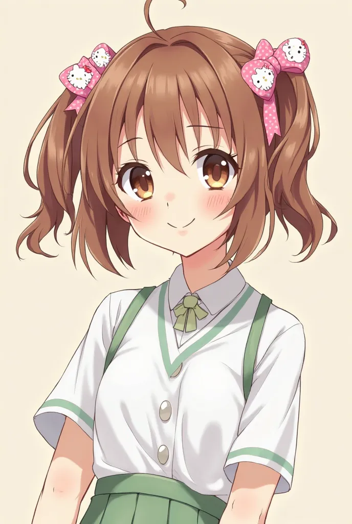 Anime girl with brown hair with not so long pigtails , Hello Kitty pink ribbons and a white and green blouse 