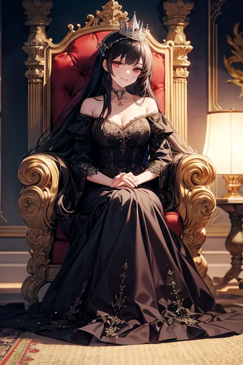 {masterpiece},{Highest quality},{1 woman}, beautiful,  is amazing, beautiful詳細な目、 detailed ,depth of field,extremely detailed CG, original ,  very detailed wallpaper、 black hair、long hair、black dress、luxury、Alluring、Queen、Throne、 Dark landscape、Smile、 is l...