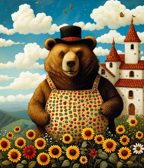 style of Lowell Herrero, (cute, chubby, male, bear), adorable, magical, fantasy, hires textures, highly detailed, intricate details, best quality, masterpiece, zPDXL3