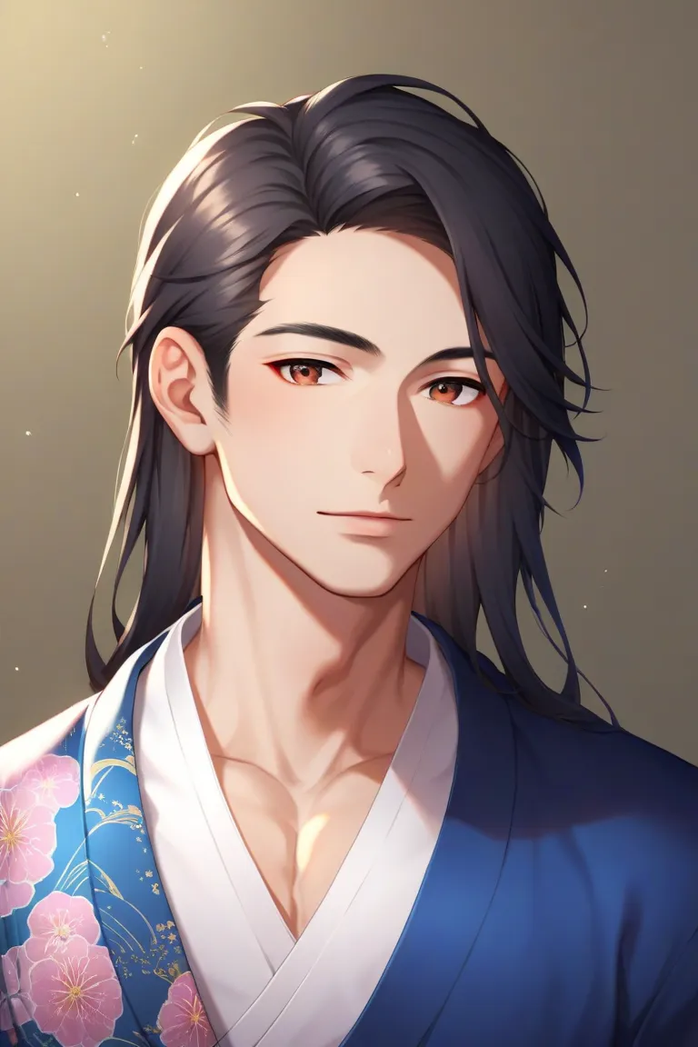 
1guy, japanese, black hair, long hair, hair down, brown eyes, kimono