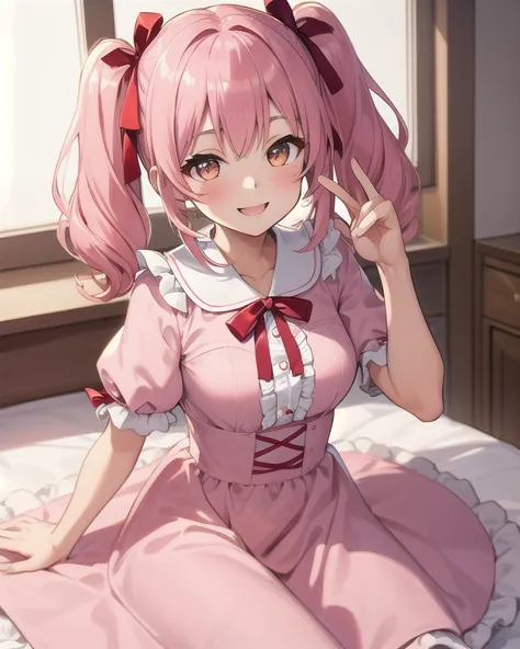 Best quality, high resolution, detailed, beautiful image quality, one girl, pink hair, twin tails, red ribbon in hair, big brown eyes, shining eyes, smiling face, cute dress with frills, pink dress, lolicon feel, smiling face, cute gestures, white and pink...