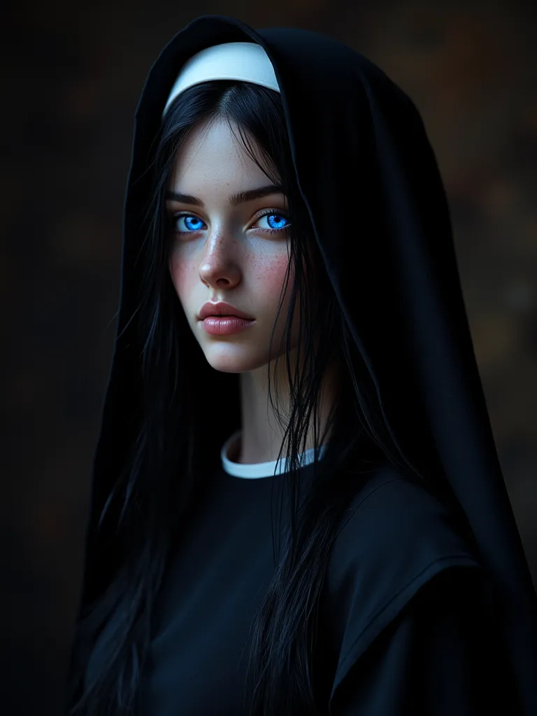  a girl, Alone, high resolution, Masterpiece,  Precise, t-shirt, Detail, Details altos, quality, very detailed, High quality, UHD, Textured skin,  retina, HD model,  European woman with European features , dressed as a nun in a black novice outfit. Jet bla...