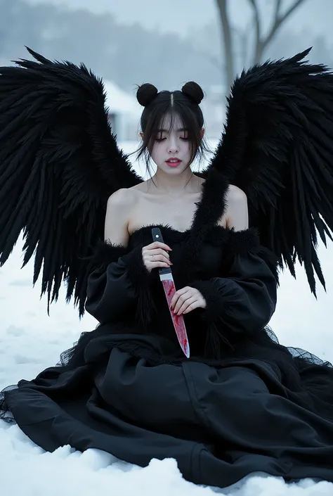 Korean gothic Female angel with Messy Bun hair,wear A shabby black dress in layers, with huge feathers on wings, wings to each other, sitting on snowy ground,hold a knife covered a Crimson liquid, can't take off. Photorealistic image, pixabay contest winne...