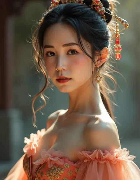 最high quality, masterpiece, High resolution, One person, Hanfu, Tang Dynasty Costume, small, Flat Chest, clavicle, Off-the-shoulder exquisite look, Realistic, Real People, (Skin with attention to detail: 1.4), SLR, Soft Light, high quality, photograph, Hig...