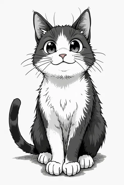 That the cat is manga type and that it is in black and white