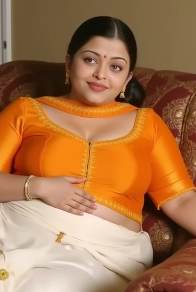 A  plus-size Indian woman in a orange colour blouse (Indian choli blouse) and white skirt and half  lying on a couch   she has  wide belly she keeps her hand in a handsome Medium.weight indian man's shoulder