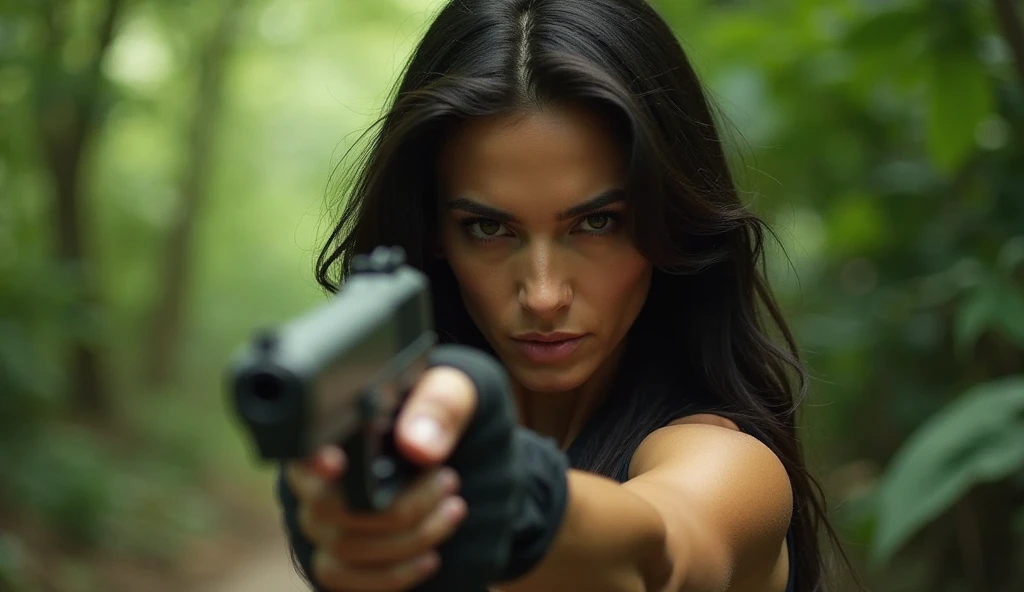 Image is a cinematic-style action shot featuring a woman with long, dark hair, aiming a handgun directly at the camera. She has a determined expression, with intense eyes and a focused gaze. Her skin is tanned, and she is wearing a sleeveless top, revealin...