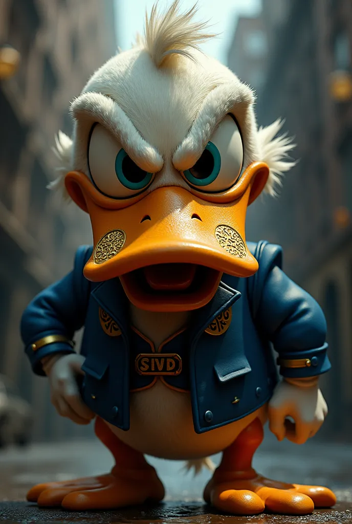 Donald duck en mode baron avec des grills marqué dessus savage production