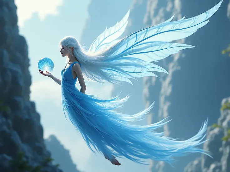 a realistic asian fae with huge light blue feather wings and  long white hair, parted bangs, wearing a white short dress. she is flying over a cliff creating water ball her hand 