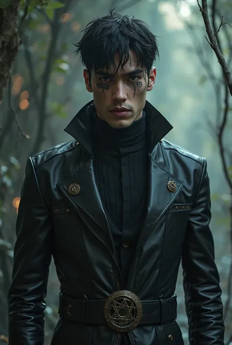 create the image of a black-haired man wearing a leather suit, with the right eye in the shape of a Triskelion and the Esque eye in the shape of an Owner Male