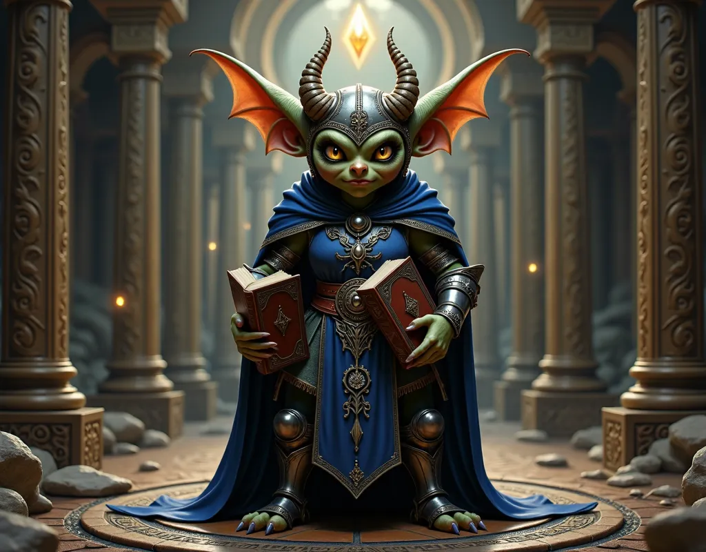 a short goblin priestess, armored, open helm, carrying books, cobalt blue tabard and cape, small glowing gem circling overhead, symbol of Ioun prevalent, extremely detailed, high quality, fantasy, cinematic lighting, digital art, intricate details, masterp...