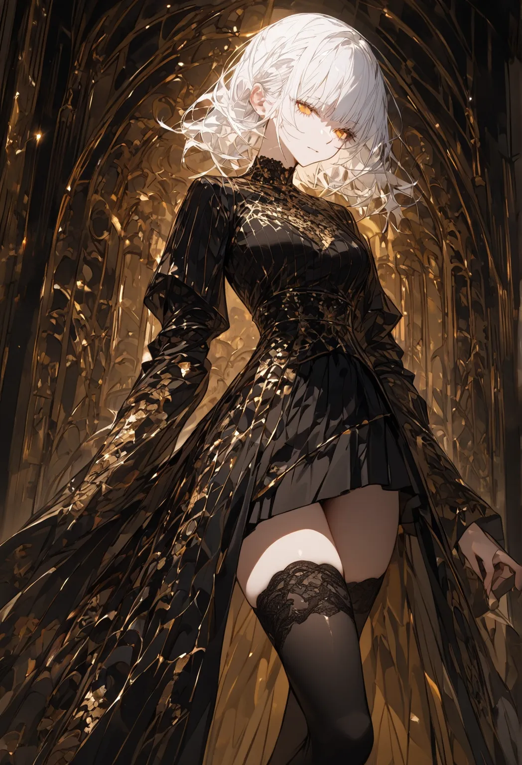 1 girl, white hair, amber eyes, white sweatshirt, black skirt with elegant gold designs, thighs with black stockings, cadenas negras con diseños dorados