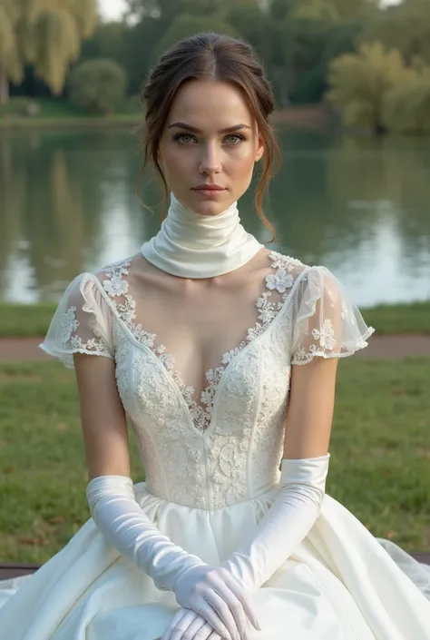 Beautiful woman with an extremely long neck. She wears a wedding dress ,  completely white, with a tight high collar, corrugated , that wraps around and covers her entire long neck. The fabric of the dress is made of delicate lace and satin, with short sle...