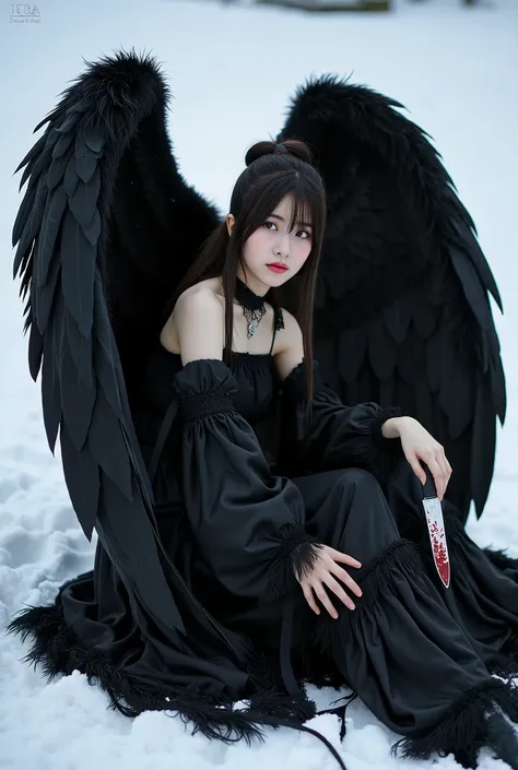 Korean gothic Female angel with Messy Bun hair,wear A shabby black dress in layers, with huge feathers on wings, wings to each other, sitting on snowy ground,hold a knife covered a Crimson liquid, can't take off. Photorealistic image, pixabay contest winne...
