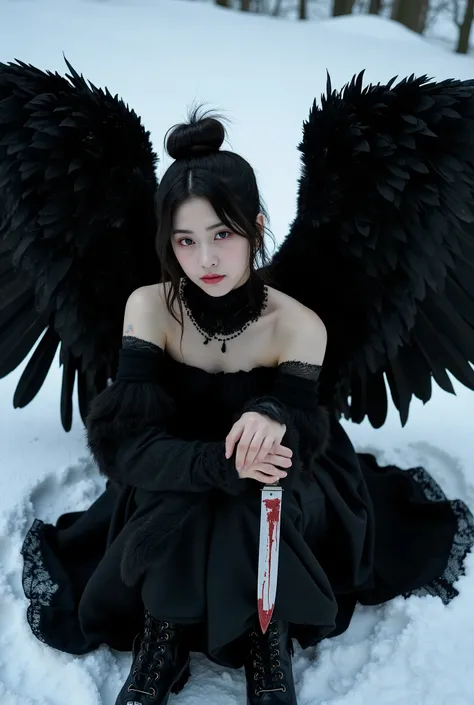 Korean gothic Female angel with Messy Bun hair,wear A shabby black dress in layers, with huge feathers on wings, wings to each other, sitting on snowy ground,hold a knife covered a Crimson liquid, can't take off. Photorealistic image, pixabay contest winne...