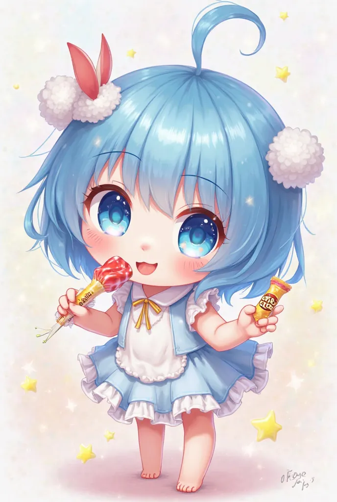 The cutest anime character with blue hair and big, shiny eyes, holding a candy in one hand and a sour strip in the other, with a stick for playfully hitting nearby, looking very innocent.