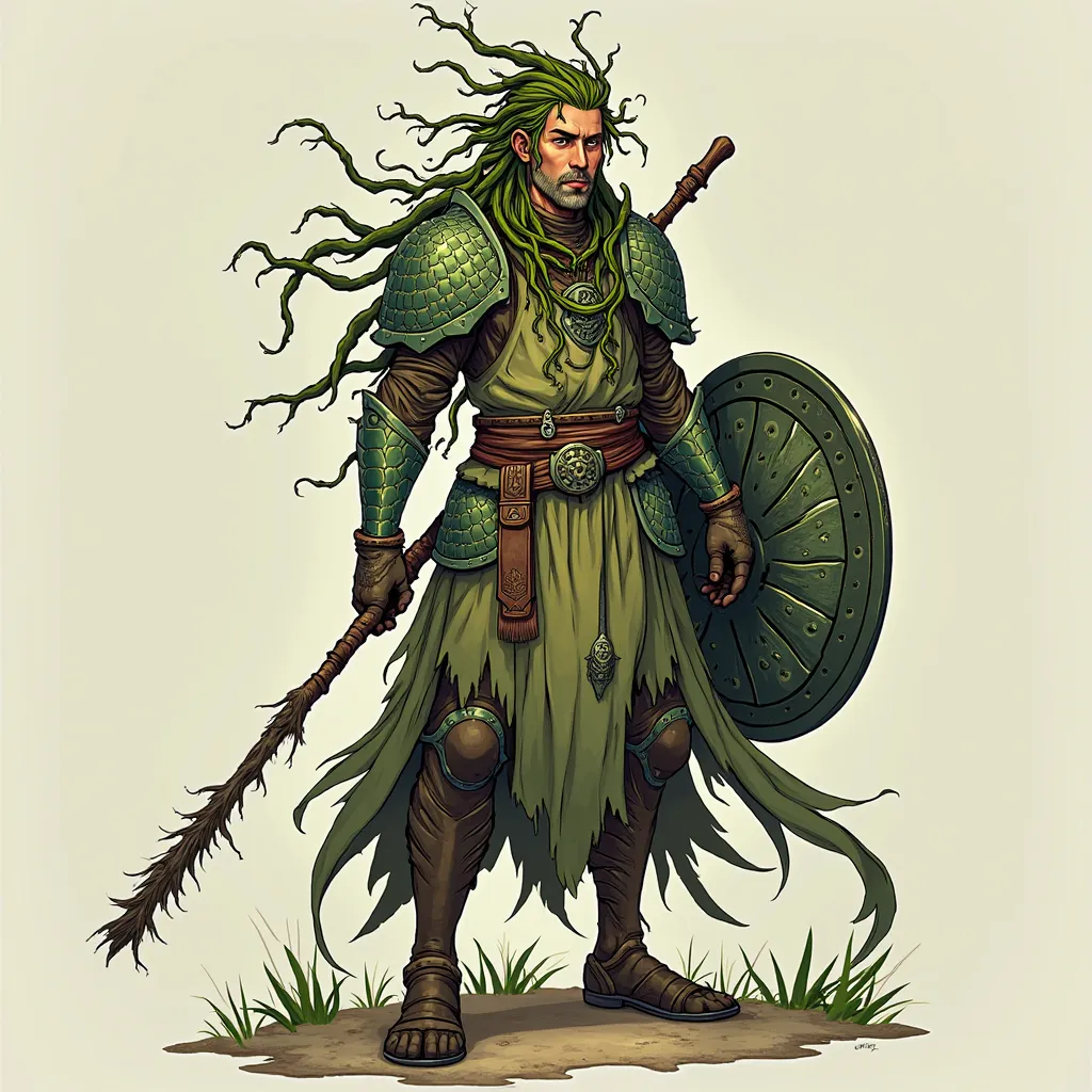  I would like to create an RPG character , using anime image style. He is a half-Dryad Druid who lived in the savannah, wears monstrous armor made of centipede dragon scales, his shield made of the same material using African tribal masks as references. He...