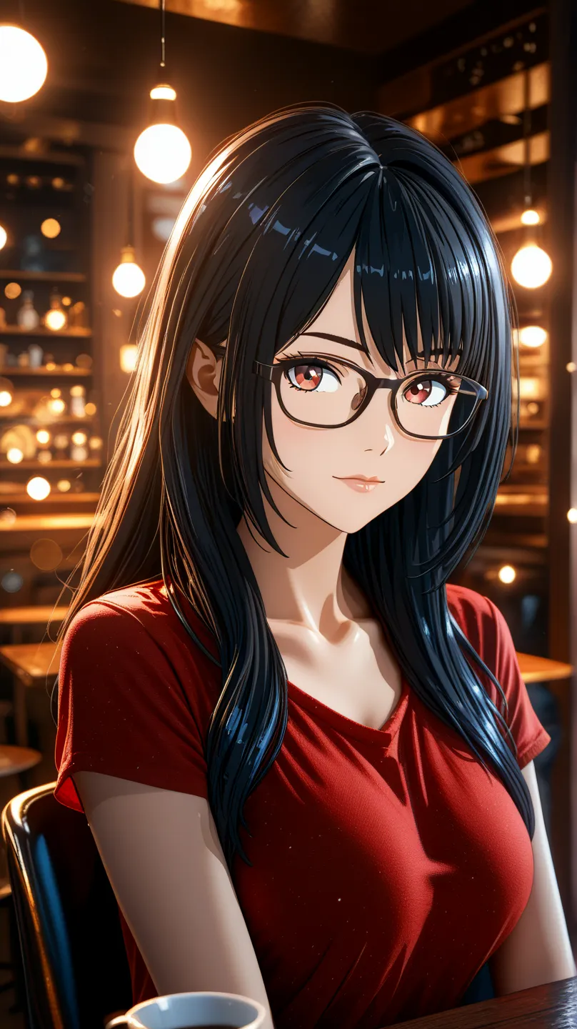 Create a female anime character,  with black hair and red eyes,  in a coffee shop,  model with the background blurred, white and red clothes, anime style, long hair, detailed rendering, Realistic lighting,  Bokeh effect, the character wears glasses, highly...