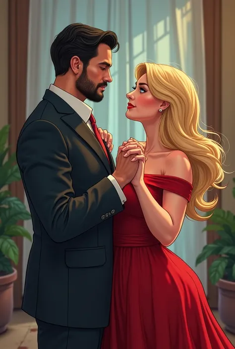  Create a beautiful romance book cover , dancing,  cartoon.  A handsome man , Tall and strong,  wearing a dark suit , short black hair, low beard, olhos blues, blues, Henry Cavill,  is ahead , Lens In the foreground, looking forward. right behind,  comes a...