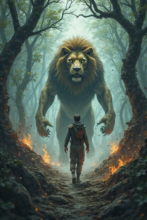 He walks in a forest with a lot of monsters and fires and then turns into a lion