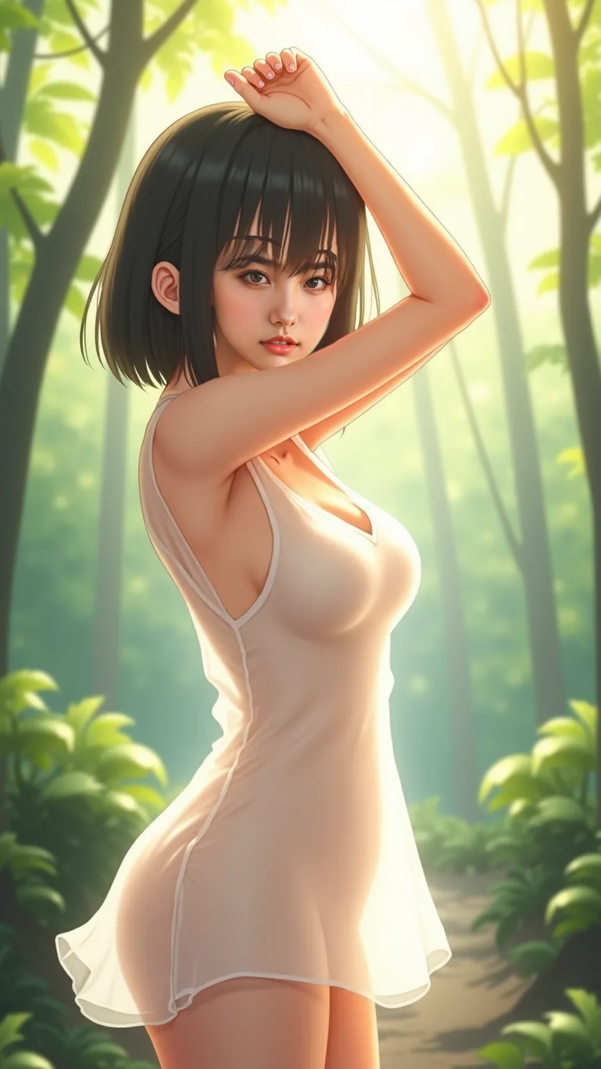 photorealistic，ultra high definition， top quality ，top quality，8k，RAW photos，Ultra-precision，super resolution，(Amazingly cute real Japanese girl who will raise her arms)， full body，1 person，facing forward.， Early Morning in the Forest  ， Bright sunlight po...