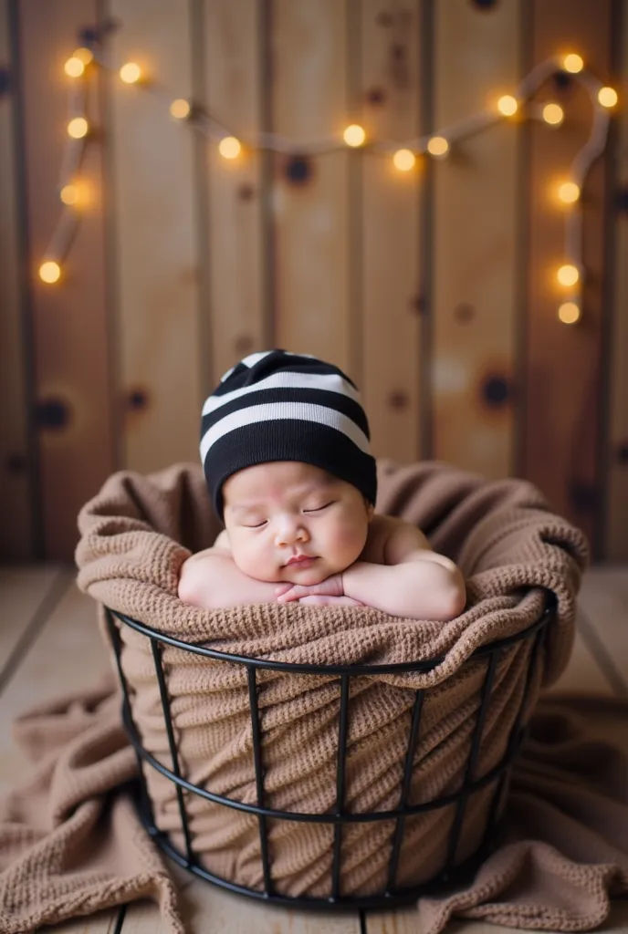 a sleeping baby resting peacefully inside a cozy basket. The baby is wrapped in a soft, brown blanket and is wearing a black-and-white striped beanie. The background features warm wooden panels adorned with soft, glowing string lights, creating a warm and ...