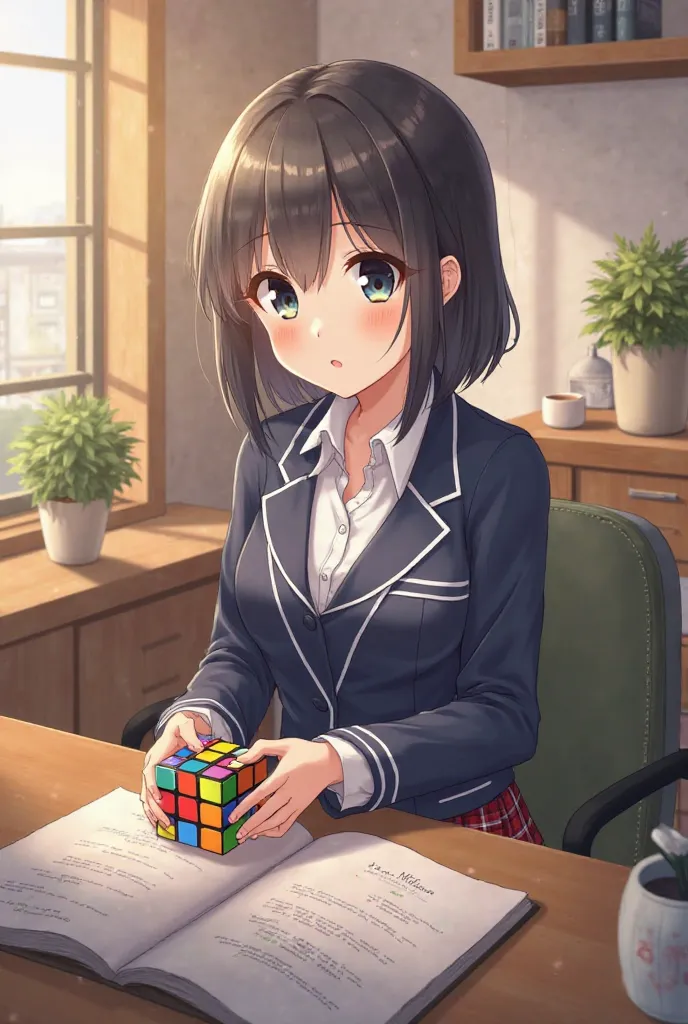 Anime style character, dressed in Japanese school clothes, Building a Rubik's Cube