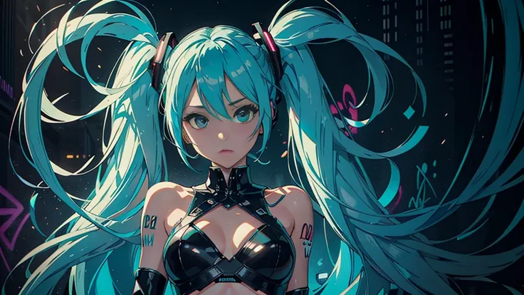 One upscale close-up of a high-pitched virtual singer in a neon-lit back alley, ( Hatsune Miku), (Super Detail), (8k), ((Hip Hop Fashion)), (Graffiti Wall), (Hyperdetailed Face), (Confident Expression), (Upper Body Focus), ( super breasts).