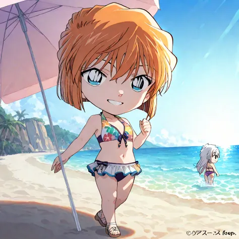 1girl, chibi character, cute,bikini, smile, beach parasol, beach background, 