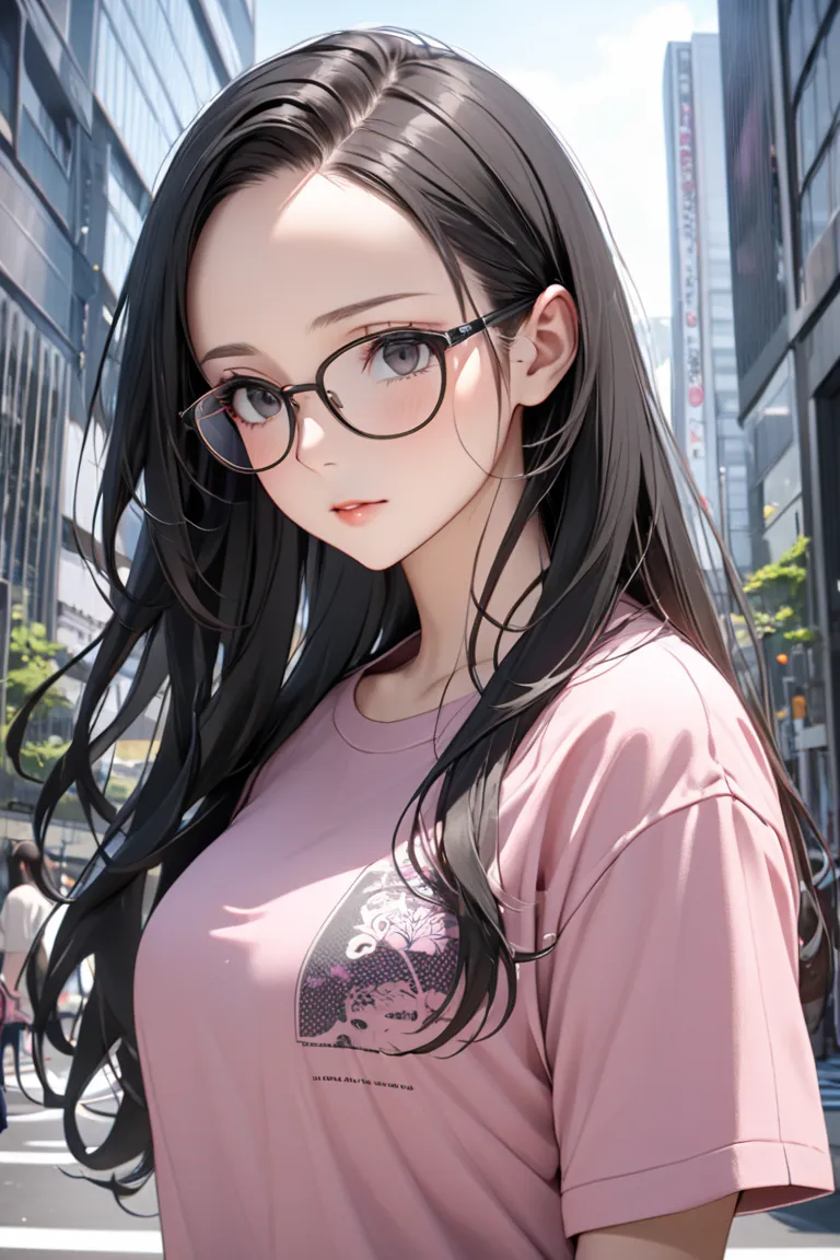 best quality, soft , super detail,  beautiful , 8k, 1 girl , long hair, black hair, outdoor, bright,  clear sky,  mature women, long hair, forehead, Black Eyes, glasses, pink t-shirt with black screen printing, in Tokyo city building,