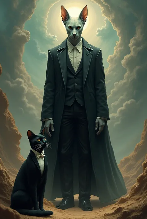 Create an image of a man who doesn't exist and a cat wearing a black suit