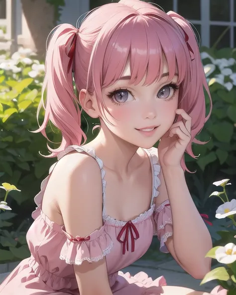 Best quality, high resolution, detailed, beautiful image quality, one girl, pink hair, twin tails, red ribbon in hair, big brown eyes, shining eyes, smiling face, cute dress with frills, pink dress, lolicon feel, smiling face, cute gestures, white and pink...