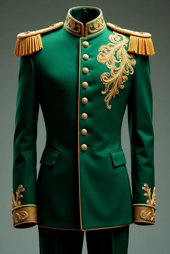 Create an emerald green marching band uniform with gold designs 