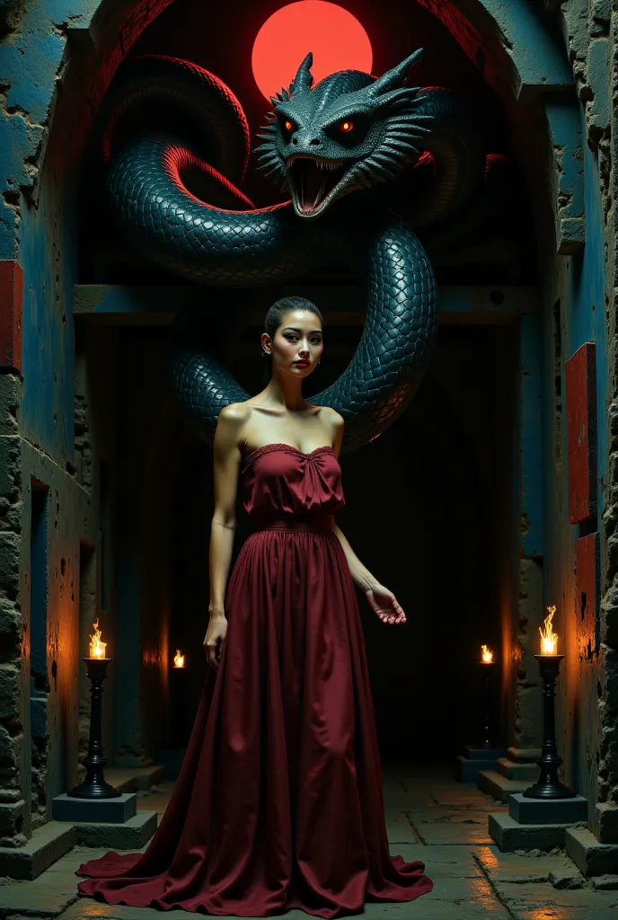 A sensual yet powerful queen stands in the depths of a cavernous lair, illuminated by the flickering glow of ancient torches. Her short, sleek hair (without bangs) frames her striking, expressive eyes, and she is draped in a flowing, deep red silk dress wi...