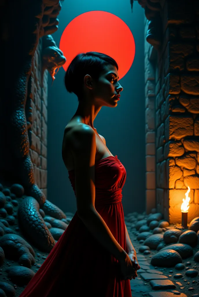 A sensual yet powerful queen stands in the depths of a cavernous lair, illuminated by the flickering glow of ancient torches. Her short, sleek hair (without bangs) frames her striking, expressive eyes, and she is draped in a flowing, deep red silk dress wi...