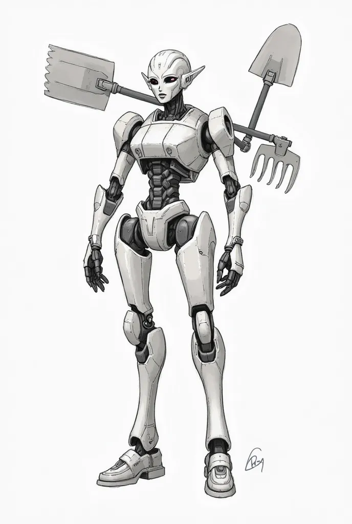 Make an sjtch robot with pensil shading that  carrying a 3 different farming tools behind it. Make it a anime drawing make tall as a human and make the drawing so simple.Make him facing front and make it whole body 