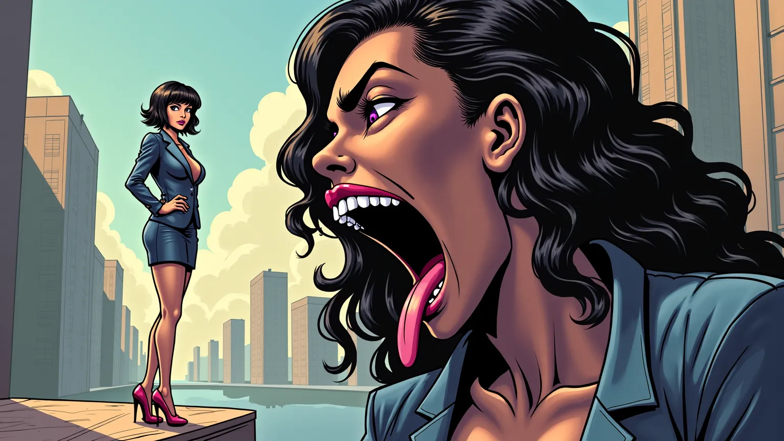 A comic style shot of a muscular woman standing on a platform on the left, dressed in a sexy blazer, pencil skirt, and stilettos, short straight dark hair with blunt bangs, large breasts, round butt, and curvy figure. Behind her is the massive face of a se...