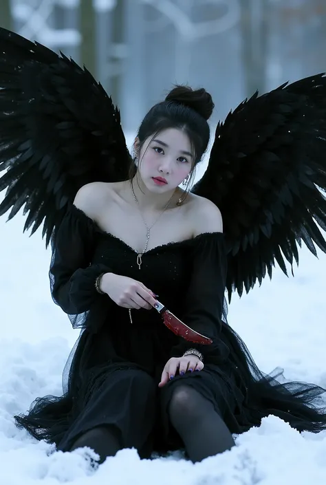 Korean gothic Female angel with Messy Bun hair,wear A shabby black dress in layers, with huge feathers on wings, wings to each other, sitting on snowy ground,hold a knife covered a Crimson liquid, can't take off. Photorealistic image, pixabay contest winne...