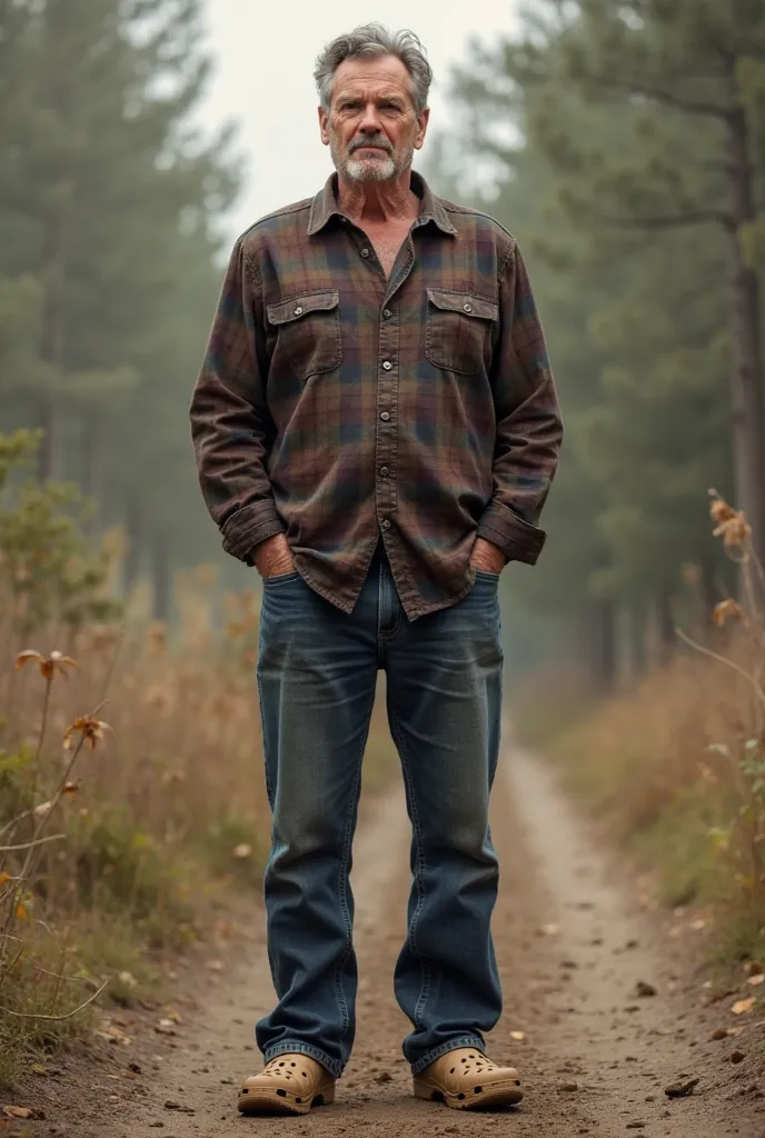 A man wearing a dark brown checked shirt with black straight cut jeans with crocs