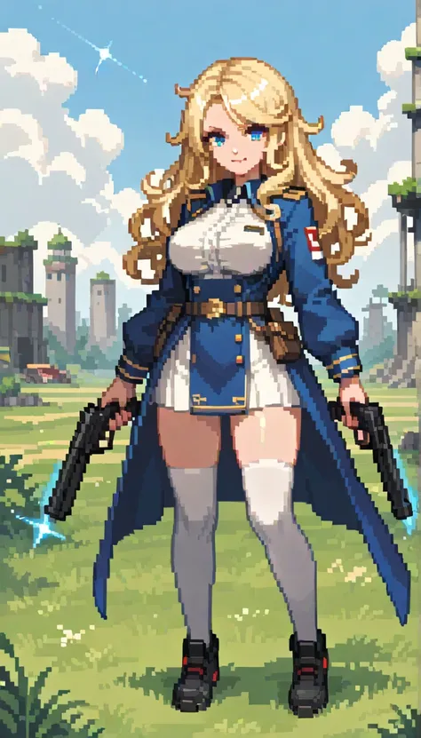 score_9, score_8_up, score_7_up, (1girl), large breast, masterpiece,amazing quality, very aesthetic, fit, gorgeous, high resolution, pixel art, anime picture, absurdes, round perfect breast, evil smile, beautiful girl，Long blond hair，curls，Blue pupils，Seri...