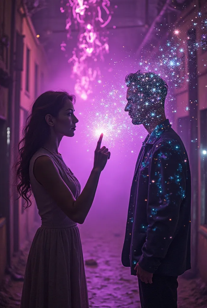 A woman from the past with an old vintage background touching a Cyberpunk man with her index finger on a completely futuristic background in violet neon colors and between her fingers makes an explosion of images moving from the past to the future 