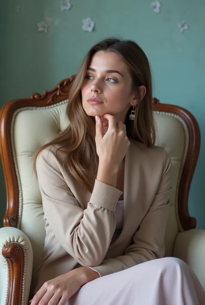 A woman with long, wavy brown hair is seated in a vintage-style, ornate armchair. 

She is wearing a light beige or taupe-colored, loose-fitting jacket or coat with a subtle, draped, almost cape-like appearance, which appears to be layered over a pale pink...